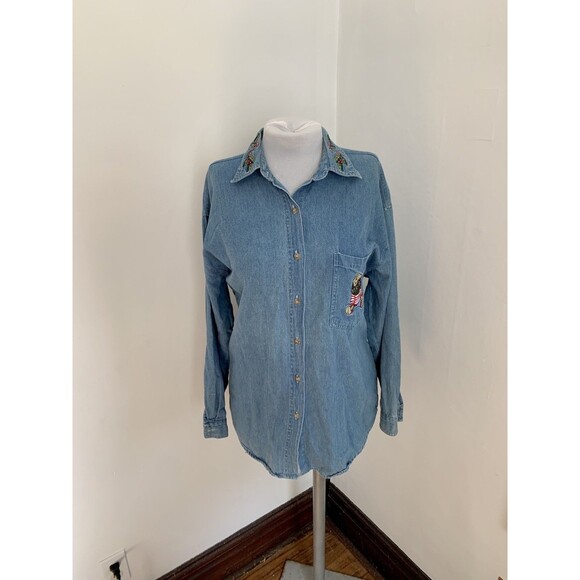 VTG Quizz NY Embroider Christmas Teddy Bear Jean Denim VTG Top Holly Polo Ralph - Picture 4 of 11